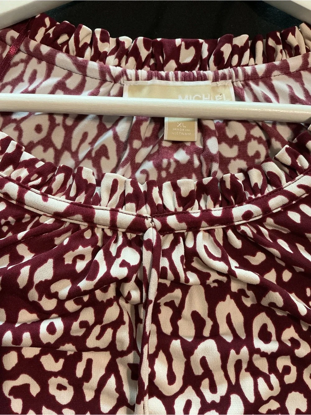 Michael Kors Burgundy and Cream Leopard-Print Ruffle Tunic